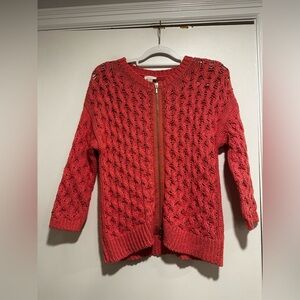 Chicos Sz:2 pink/peach Full Zip 3/4 Sleeve open Knit scoop neck Sweater Top.